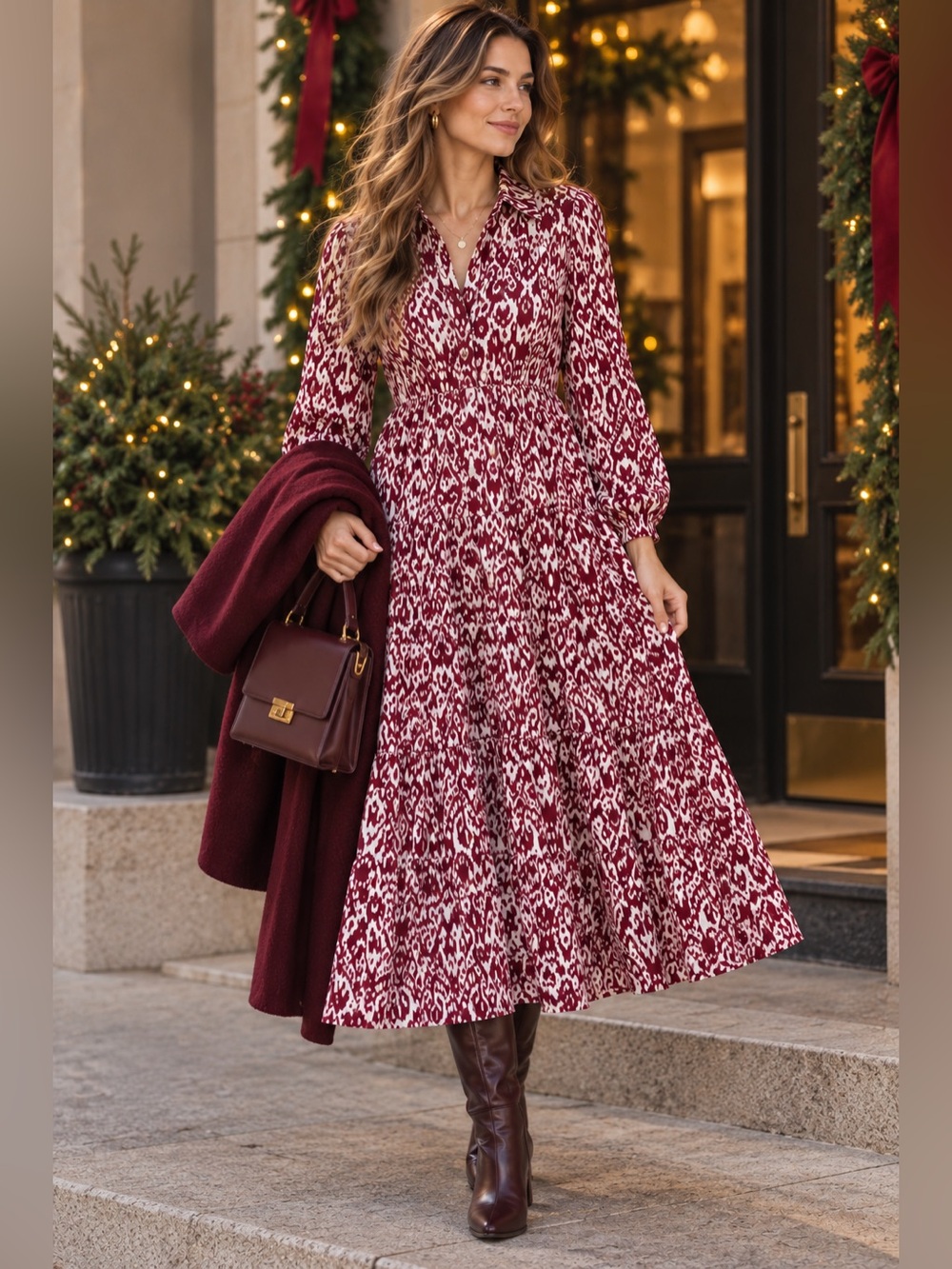Maeve Anthropologie Burgundy White Print Tiered Midi Dress Holiday Size S/M